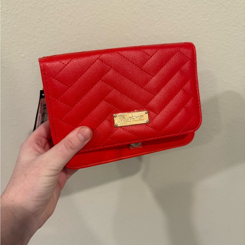 bebe Red Quilted Wristlet with Gold Plaque